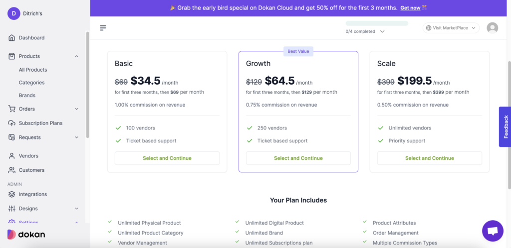 Dokan Cloud dashboard with pricing